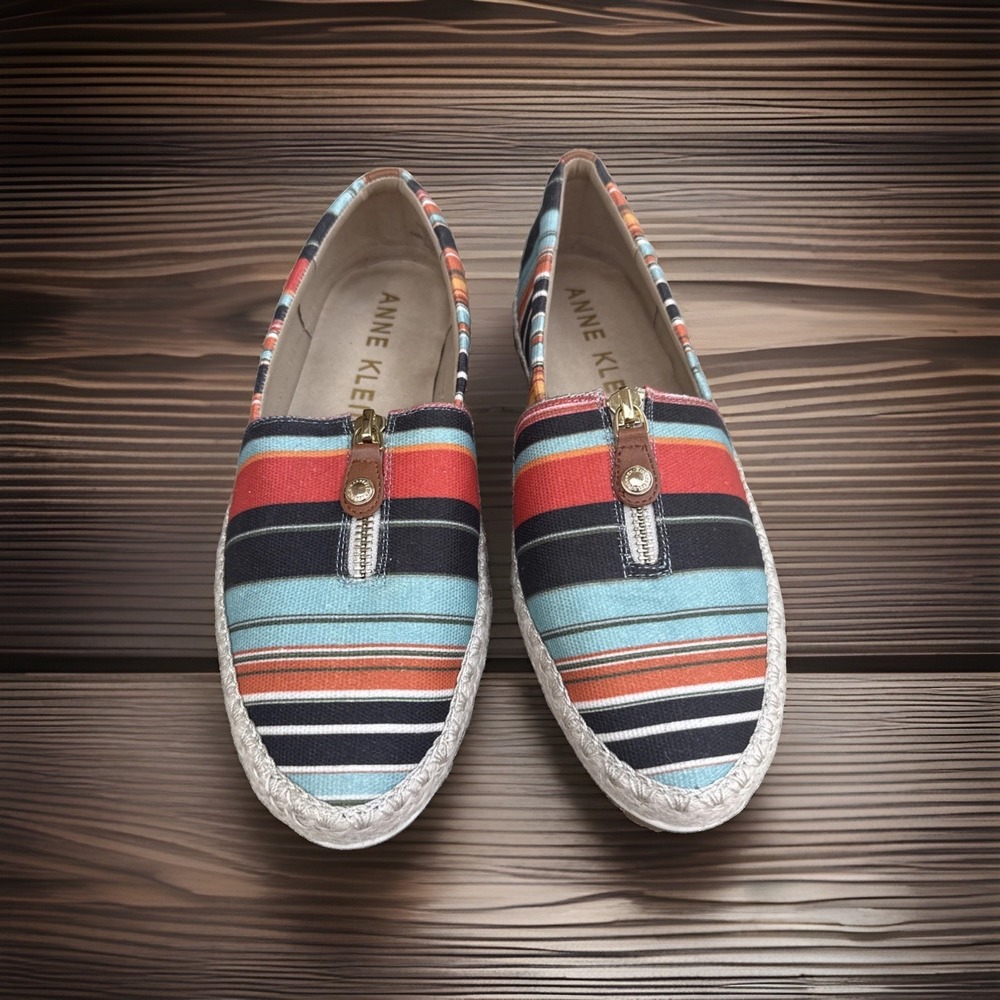Anne Klein Women's Shoes Striped Espadrille Zip Sandals US Size 10M